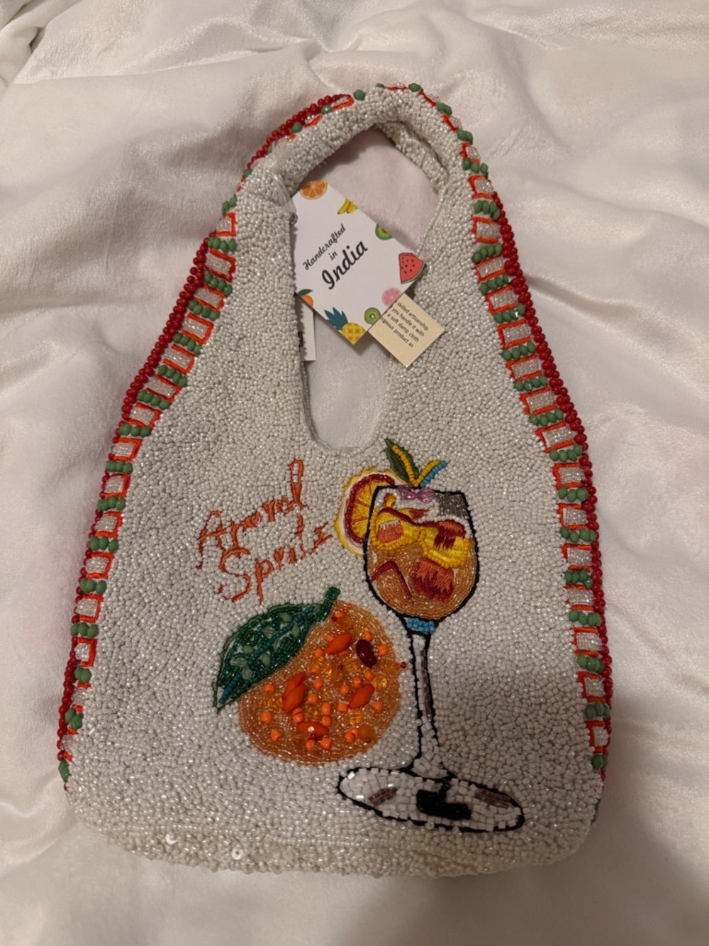 Beaded 'Aperol Spritz' Cocktail Tote in Cream with Orange & Red Accents